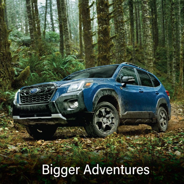 A blue Subaru outback wilderness with the words “Bigger Adventures“. | SubaruDemo4 in Hermiston OR